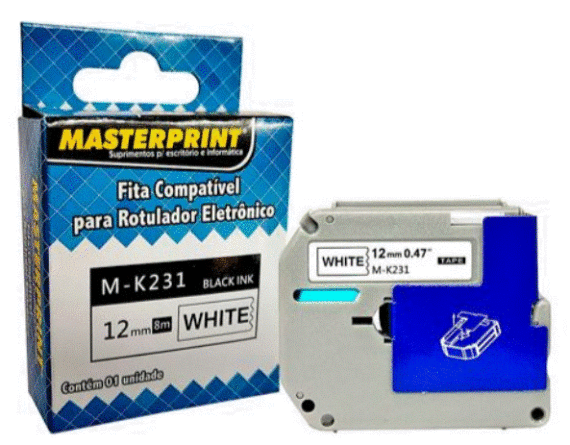 FITA COMPATIVEL ROTULADORA M-K231 12MM 8M PRETO/BRANCO MASTERPRINT